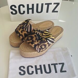 SCHUTZ | Animal Print Bowtie JAXON Espadrilles Platform Slide Sandals 9.5   NWT